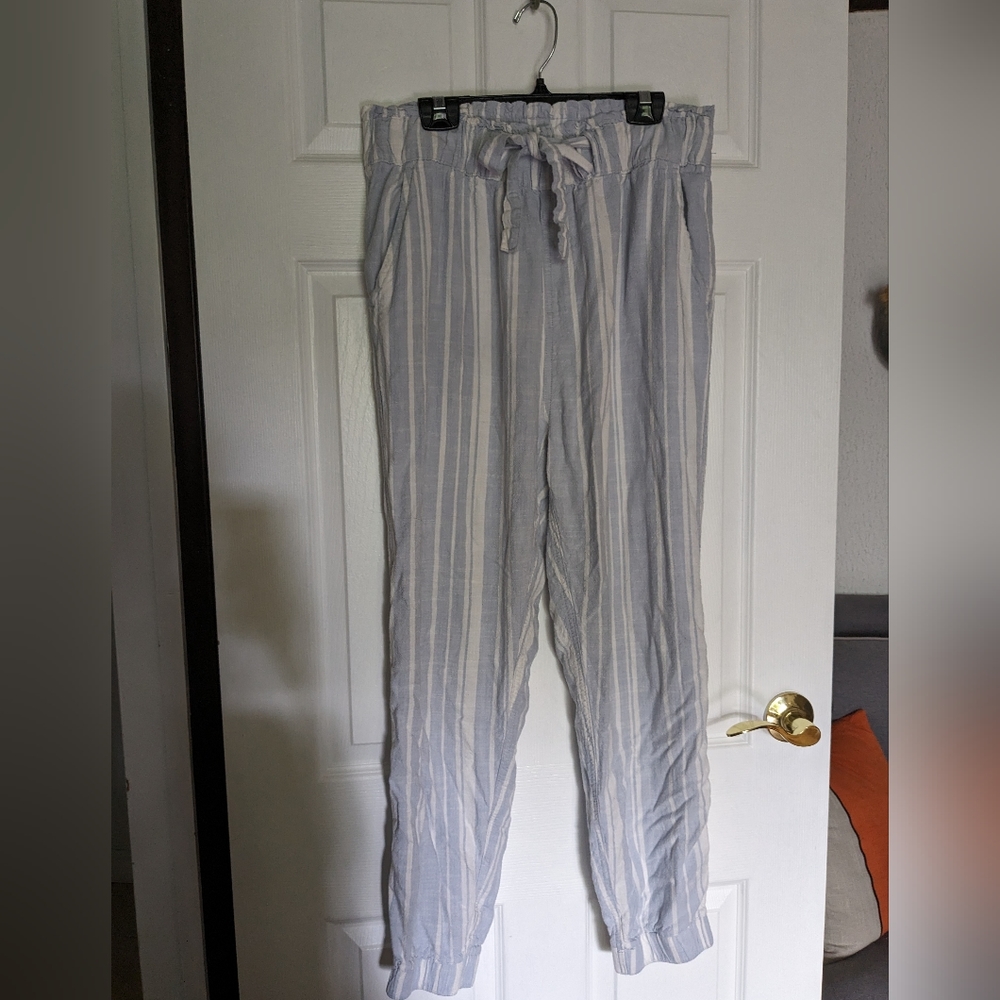 Paperbag Style Pants with Blue and White Stripes